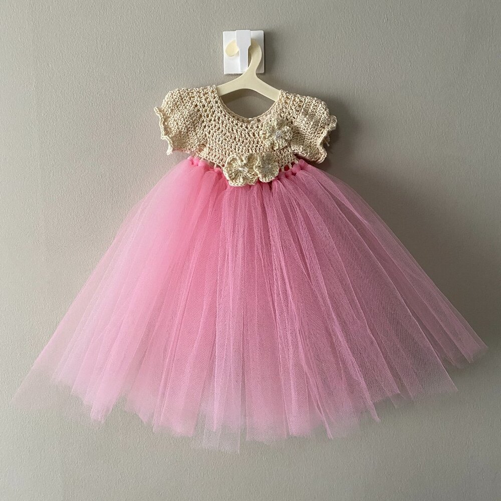 Handmade Cotton Crochet Beige Pink Tulle Doll Teddy Bear Tutu Dress